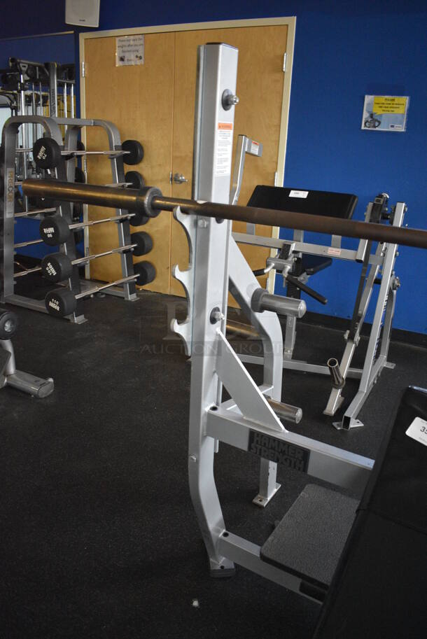 NICE! Hammer Strength Gray Metal Floor Style Incline Bench Press w/ Olympic Bar. BUYER MUST REMOVE - Unit May Need Disassembly For Removal. 66x64x60. (weight room) - Image 2 of 8