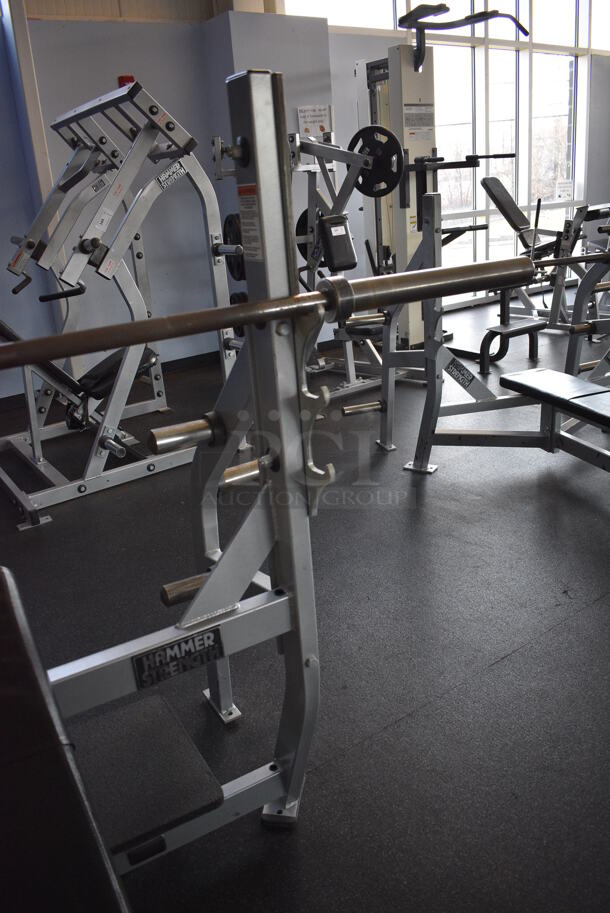 NICE! Hammer Strength Gray Metal Floor Style Incline Bench Press w/ Olympic Bar. BUYER MUST REMOVE - Unit May Need Disassembly For Removal. 66x64x60. (weight room) - Image 3 of 8