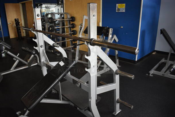 NICE! Hammer Strength Gray Metal Floor Style Incline Bench Press w/ Olympic Bar. BUYER MUST REMOVE - Unit May Need Disassembly For Removal. 66x64x60. (weight room) - Image 4 of 8