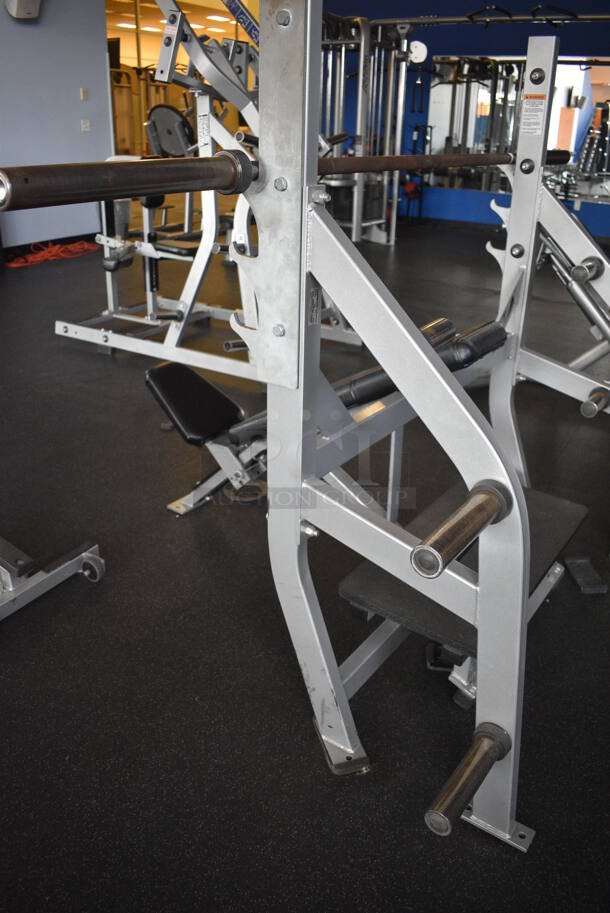 NICE! Hammer Strength Gray Metal Floor Style Incline Bench Press w/ Olympic Bar. BUYER MUST REMOVE - Unit May Need Disassembly For Removal. 66x64x60. (weight room) - Image 5 of 8