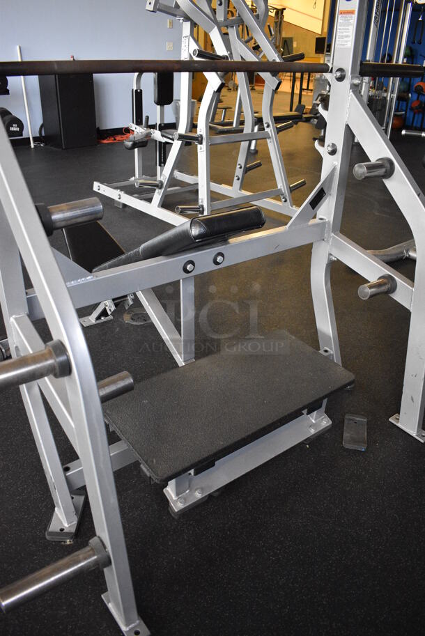 NICE! Hammer Strength Gray Metal Floor Style Incline Bench Press w/ Olympic Bar. BUYER MUST REMOVE - Unit May Need Disassembly For Removal. 66x64x60. (weight room) - Image 6 of 8