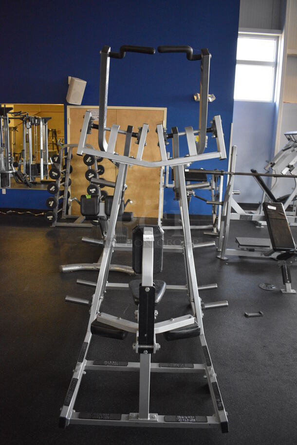 NICE! Hammer Strength Gray Metal Floor Style Iso-lateral Front Lat Pulldown Machine. BUYER MUST REMOVE - Unit May Need Disassembly For Removal. 52x67x81. (weight room)