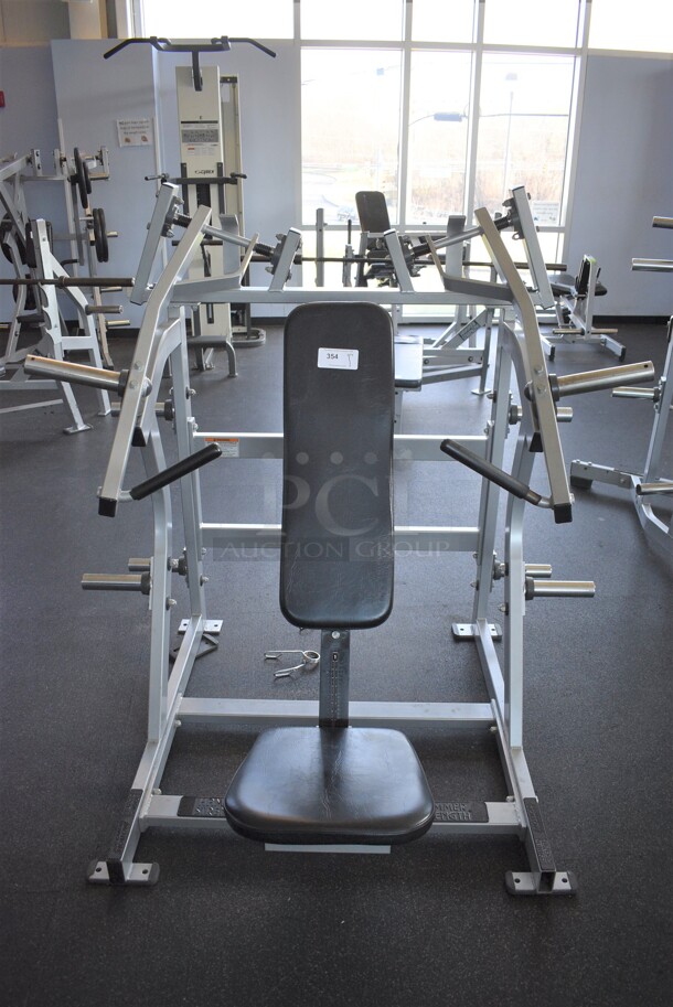 NICE! Hammer Strength Gray Metal Floor Style Iso-lateral Super Incline Press Machine. BUYER MUST REMOVE - Unit May Need Disassembly For Removal. 58x57x60. (weight room)