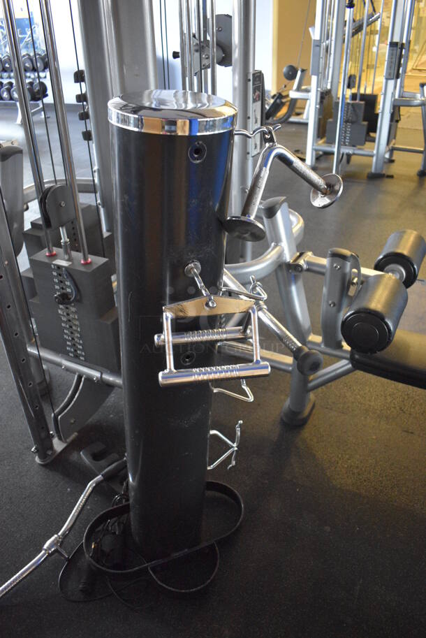 NICE! Hammer Strength Gray Metal Floor Style Multi Station Machine; Adjustable Pulley, Low Row, Adjustable Cable Crossover, Lat Pulldown and Triceps Pushdown. BUYER MUST REMOVE - Unit May Need Disassembly For Removal. 215x140x95. (weight room) - Image 12 of 12