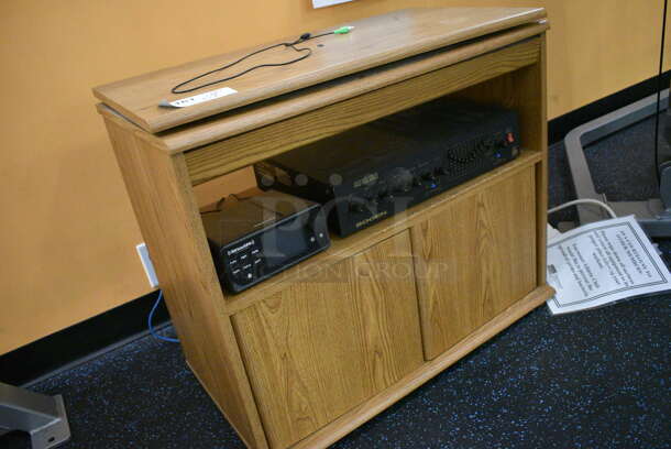 ALL ONE MONEY! Lot of Wood Pattern TV Stand w/ SirisXM Unit and Bogen Gold Seal Series Aural Exciter. 28x16x24. (upstairs) - Image 2 of 7