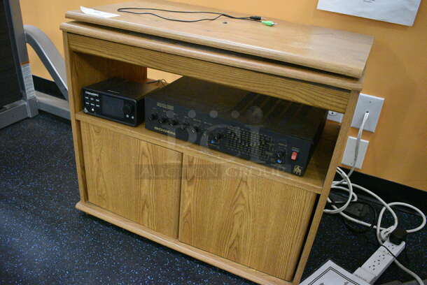 ALL ONE MONEY! Lot of Wood Pattern TV Stand w/ SirisXM Unit and Bogen Gold Seal Series Aural Exciter. 28x16x24. (upstairs) - Image 3 of 7