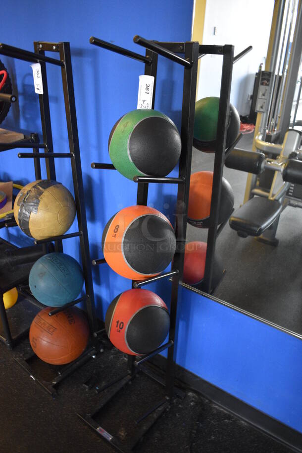 3 Various Medicine Balls; 4 Pound, 8 Pound and 10 Pound on Black Metal 5 Tier Medicine Ball Rack. BUYER MUST REMOVE. 11x14x52. (weight room) - Image 2 of 3