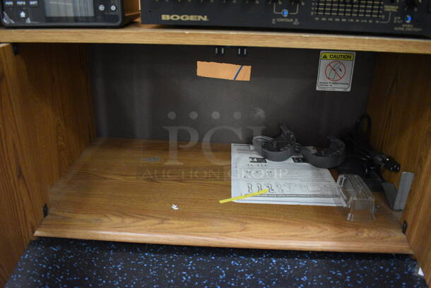 ALL ONE MONEY! Lot of Wood Pattern TV Stand w/ SirisXM Unit and Bogen Gold Seal Series Aural Exciter. 28x16x24. (upstairs) - Image 7 of 7