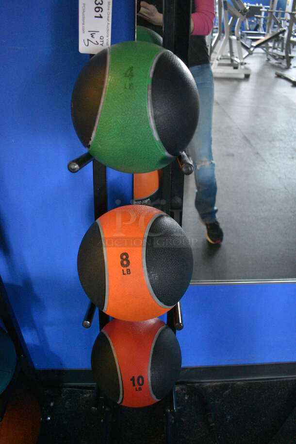 3 Various Medicine Balls; 4 Pound, 8 Pound and 10 Pound on Black Metal 5 Tier Medicine Ball Rack. BUYER MUST REMOVE. 11x14x52. (weight room) - Image 3 of 3