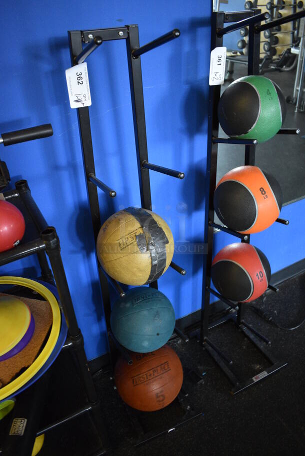 3 Various Medicine Balls; 6.6 Pound, 8.8 Pound and 11 Pound on Black Metal 5 Tier Medicine Ball Rack. BUYER MUST REMOVE. 11x14x52. (weight room) - Image 2 of 3