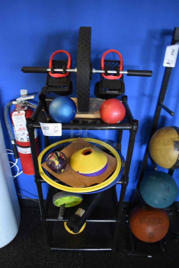 ALL ONE MONEY! Lot of Various Items on Black Poly 4 Tier Rack! (weight room)