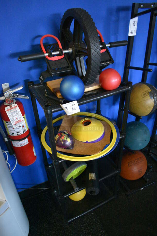 ALL ONE MONEY! Lot of Various Items on Black Poly 4 Tier Rack! (weight room) - Image 2 of 4
