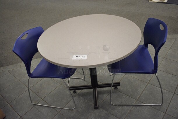 Gray Round Table on Metal Table Base and 2 Blue Chairs. 36x36x30, 20x21x31. (lobby) - Image 1 of 3