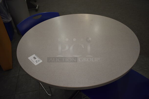 Gray Round Table on Metal Table Base and 2 Blue Chairs. 36x36x30, 20x21x31. (lobby) - Image 3 of 3