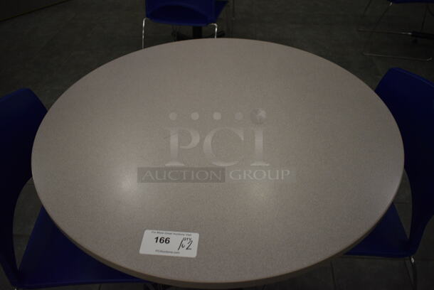 Gray Round Table on Metal Table Base and 2 Blue Chairs. 36x36x30, 20x21x31. (lobby) - Image 2 of 3