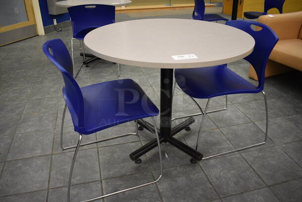 Gray Round Table on Metal Table Base and 2 Blue Chairs. 36x36x30, 20x21x31. (lobby) - Image 3 of 3