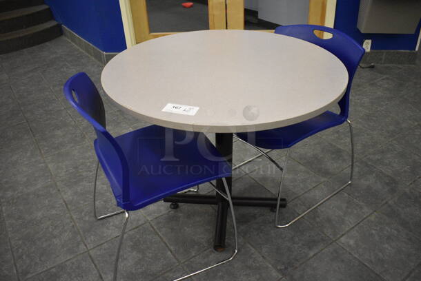 Gray Round Table on Metal Table Base and 2 Blue Chairs. 36x36x30, 20x21x31. (lobby) - Image 2 of 3