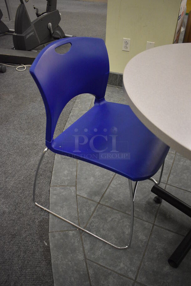 Gray Round Table on Metal Table Base and 2 Blue Chairs. 36x36x30, 20x21x31. (lobby) - Image 2 of 5