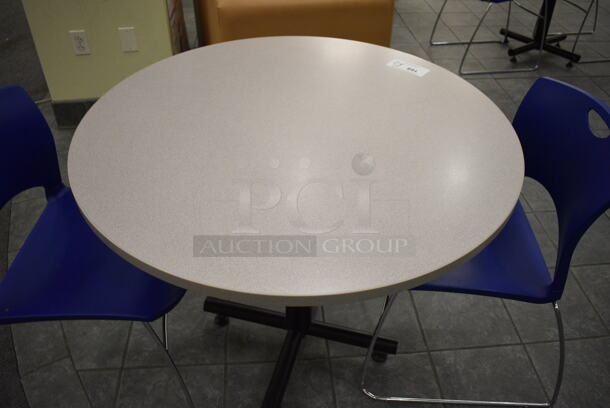 Gray Round Table on Metal Table Base and 2 Blue Chairs. 36x36x30, 20x21x31. (lobby) - Image 3 of 5