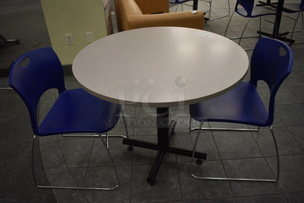 Gray Round Table on Metal Table Base and 2 Blue Chairs. 36x36x30, 20x21x31. (lobby) - Image 4 of 5