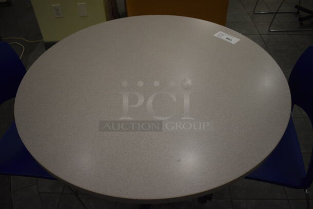 Gray Round Table on Metal Table Base and 2 Blue Chairs. 36x36x30, 20x21x31. (lobby) - Image 5 of 5