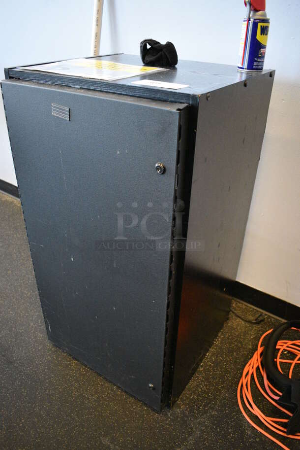 Black Metal AV Cabinet. Door is Locked. BUYER MUST REMOVE. 20.5x19x36.5. (weight room) - Image 2 of 5