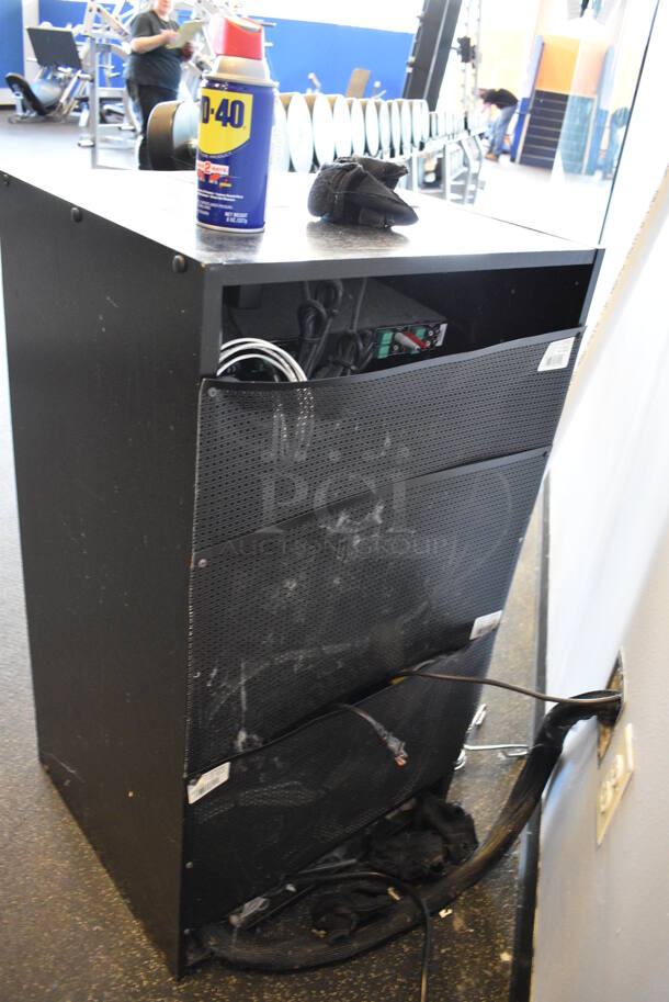 Black Metal AV Cabinet. Door is Locked. BUYER MUST REMOVE. 20.5x19x36.5. (weight room) - Image 3 of 5