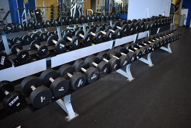 Hammer Strength White and Black Metal Floor Style 2 Tier Dumbbell Rack. Does Not Include Contents. BUYER MUST REMOVE. 90x24x33. (weight room)