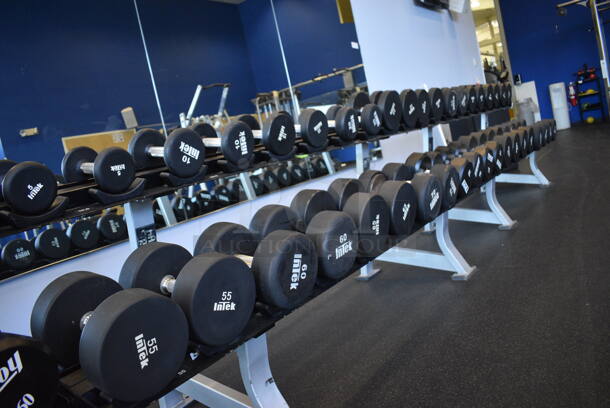 Hammer Strength White and Black Metal Floor Style 2 Tier Dumbbell Rack. Does Not Include Contents. BUYER MUST REMOVE. 90x24x33. (weight room) - Image 2 of 4