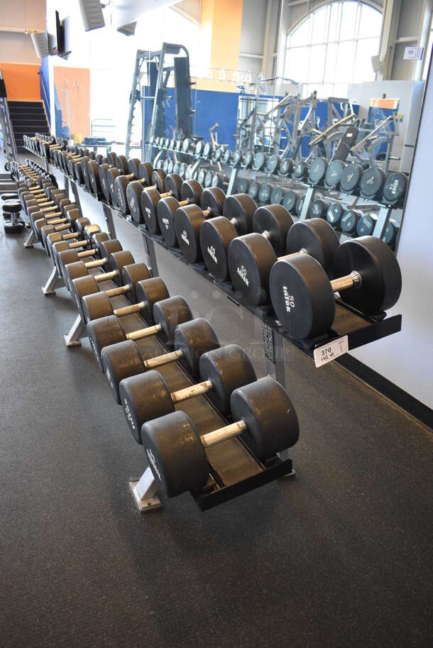 Hammer Strength White and Black Metal Floor Style 2 Tier Dumbbell Rack. Does Not Include Contents. BUYER MUST REMOVE. 90x24x33. (weight room) - Image 3 of 4