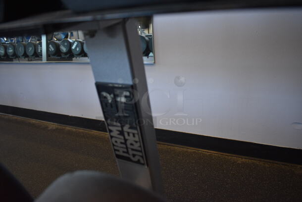 Hammer Strength White and Black Metal Floor Style 2 Tier Dumbbell Rack. Does Not Include Contents. BUYER MUST REMOVE. 90x24x33. (weight room) - Image 4 of 4