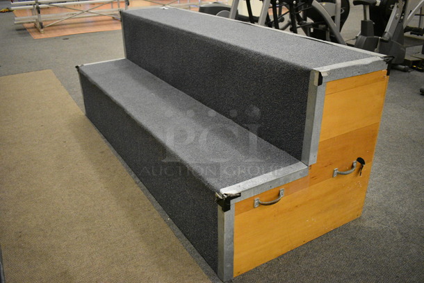 Carpet and Wood Pattern 2 Tier Bleacher / Riser. BUYER MUST REMOVE. 96x38x36. (lobby)