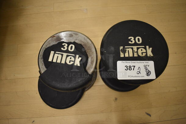 2 Intek Black and Chrome Finish 30 Pound Dumbbells. 8x9.5x8. 2 Times Your Bid! (behind squash court - left)
