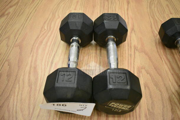 2 Power Systems Metal Black and Chrome Finish 12 Pound Hex Dumbbells. 4x11x4. 2 Times Your Bid! (lobby)