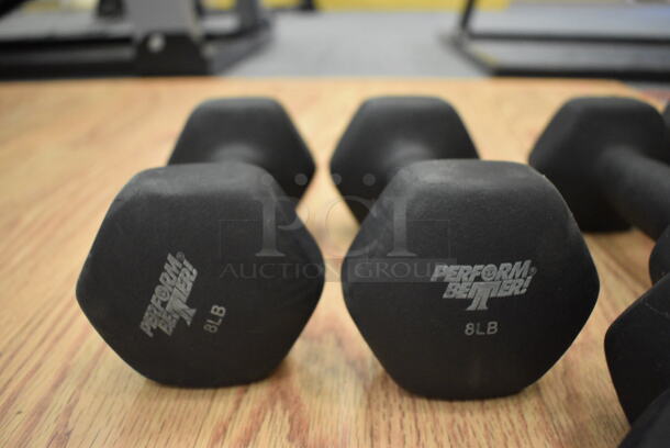 6 Black Neoprene Dumbbells; Two 4 Pounds, Two 8 Pounds and Two 12 Pounds. Includes 4x8x4. 6 Times Your Bid! (lobby)
 - Image 3 of 4