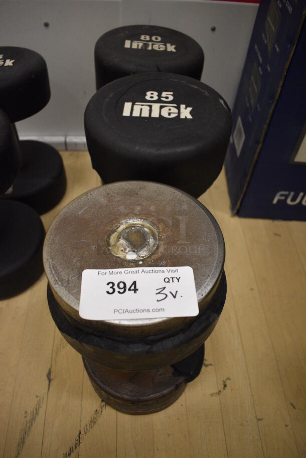 3 Intek Black and Chrome Metal Dumbbells. 80 Pounds and 85 Pounds. BUYER MUST REMOVE. 8x14x8. 3 Times Your Bid! (behind squash court - left)