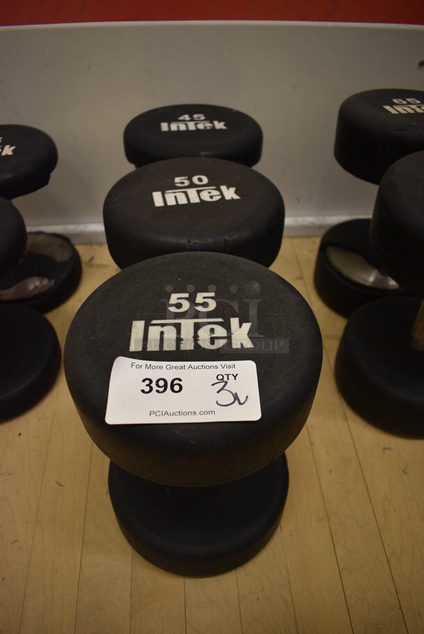 3 Intek Black and Chrome Metal Dumbbells. 45 Pound. 50 Pound and 55 Pound. BUYER MUST REMOVE. 8x11.5x8. 3 Times Your Bid! (behind squash court - left)