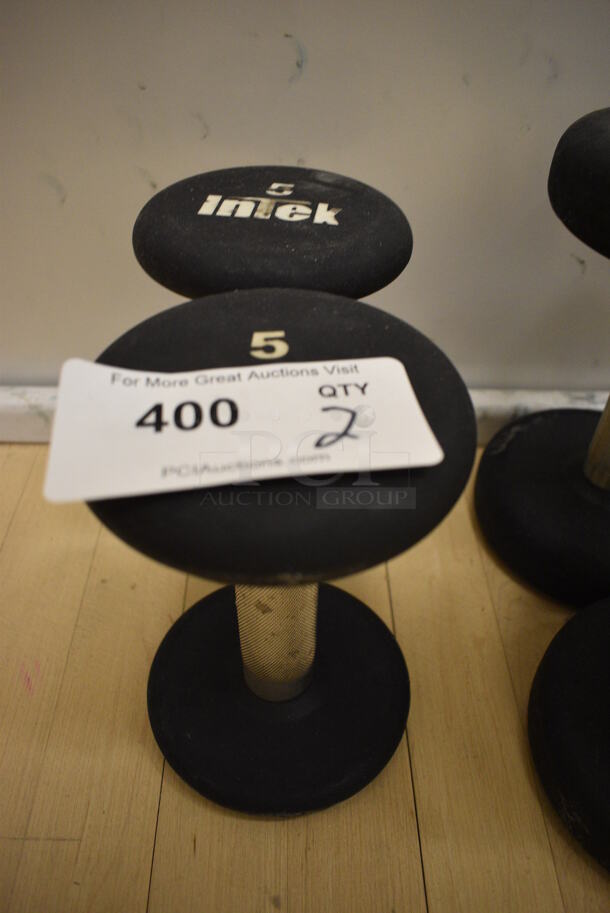 2 Intek Black and Chrome Metal 5 Pound Dumbbells. BUYER MUST REMOVE. 5x7.5x5. 2 Times Your Bid! (behind squash court - left)