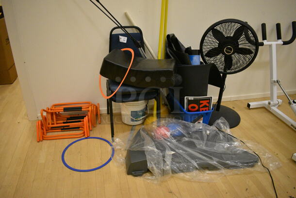 ALL ONE MONEY! Lot of Various Items Including Black Fan! BUYER MUST REMOVE. (behind squash court - right)
