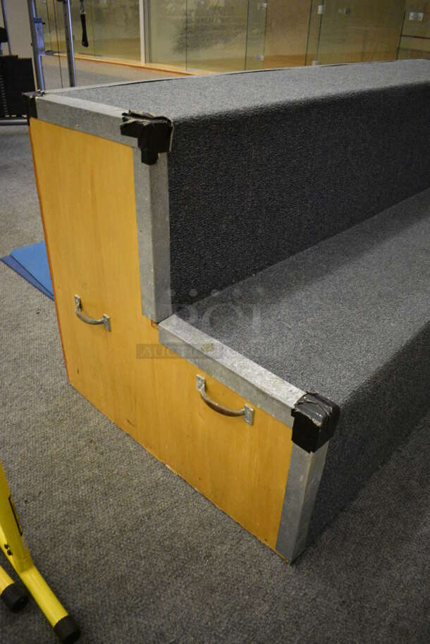 Carpet and Wood Pattern 2 Tier Bleacher / Riser. BUYER MUST REMOVE. 96x38x36. (lobby) - Image 3 of 4