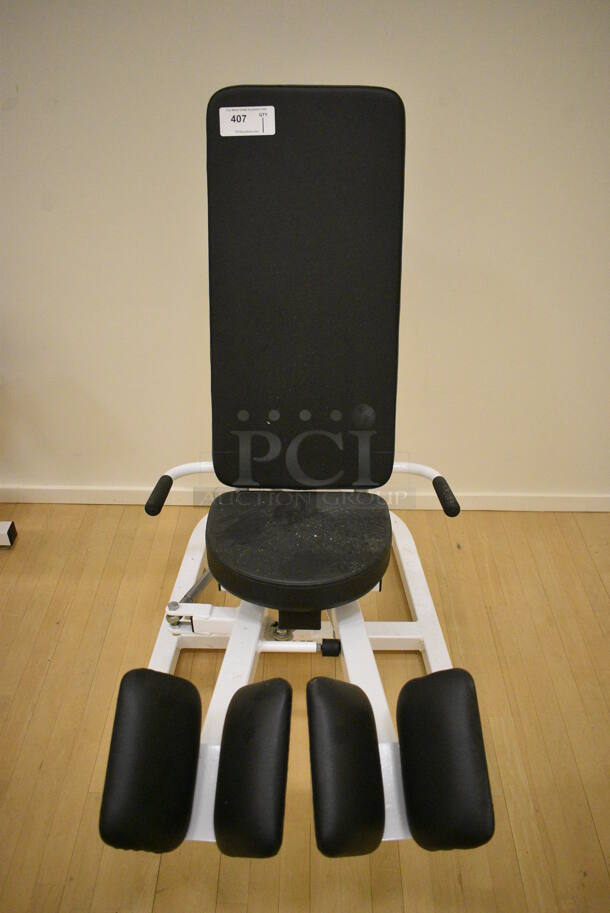 Pace White Metal Adductor Machine. BUYER MUST REMOVE. 30x50x48. (behind squash court - right)