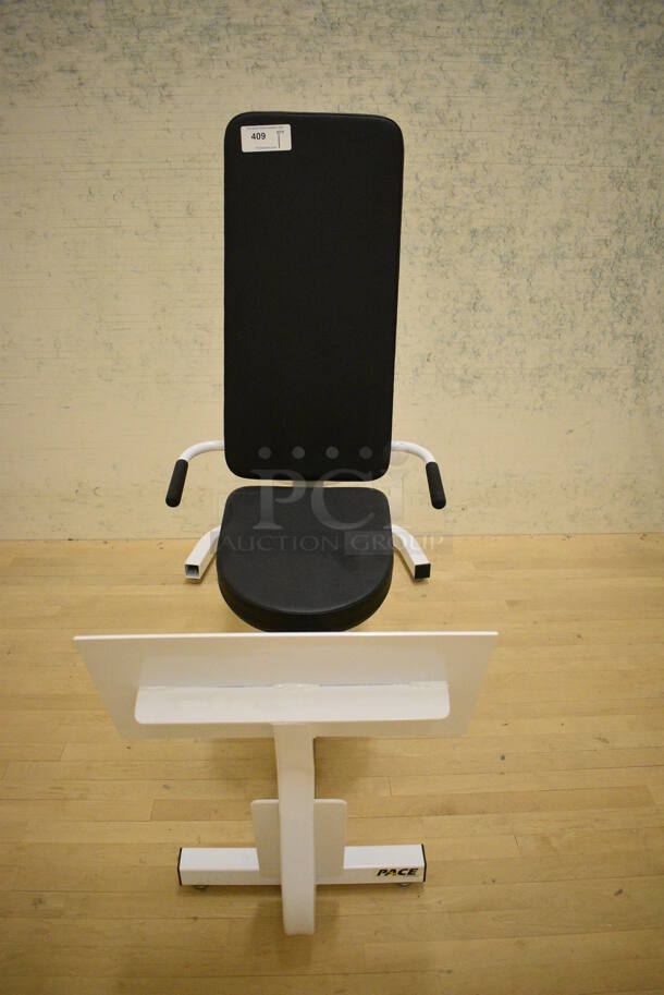 Pace White Metal Leg Press Machine. BUYER MUST REMOVE. 30x64x53. (behind squash court - right) - Image 1 of 6