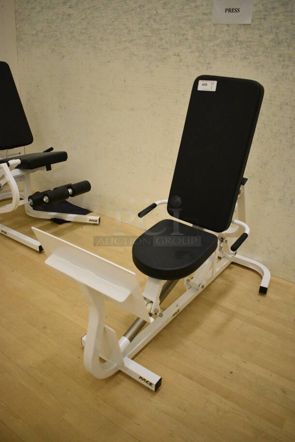 Pace White Metal Leg Press Machine. BUYER MUST REMOVE. 30x64x53. (behind squash court - right) - Image 3 of 6