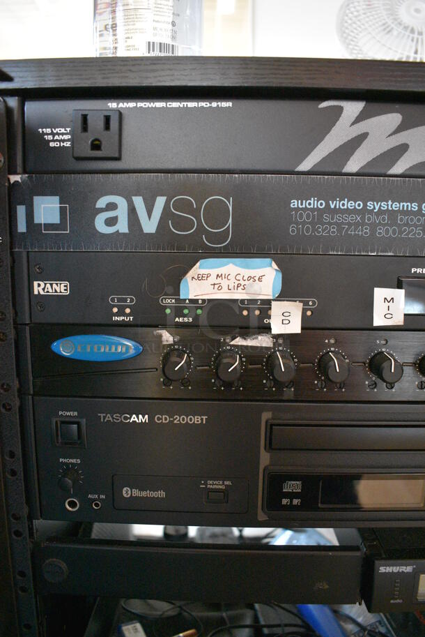 ALL ONE MONEY! Lot of Black Metal AV Cabinet w/ Middle Atlantic Power Amp, AVSG Rack, Rane RPM Multiprocessor, Crown Rack, Tascam CD-200BT, 2 Crown CTs 2000 Racks. BUYER MUST REMOVE. 20.5x19x36.5. (aerobic room)  - Image 4 of 9
