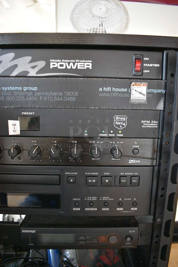 ALL ONE MONEY! Lot of Black Metal AV Cabinet w/ Middle Atlantic Power Amp, AVSG Rack, Rane RPM Multiprocessor, Crown Rack, Tascam CD-200BT, 2 Crown CTs 2000 Racks. BUYER MUST REMOVE. 20.5x19x36.5. (aerobic room)  - Image 5 of 9