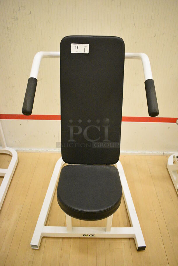 Pace White Metal Shoulder Press Machine. BUYER MUST REMOVE. 30x45x48. (behind squash court - right) - Image 1 of 4