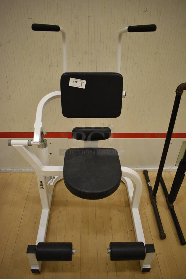Pace White Metal Abdominal Curl Machine. BUYER MUST REMOVE. 36x36x53. (behind squash court - right)