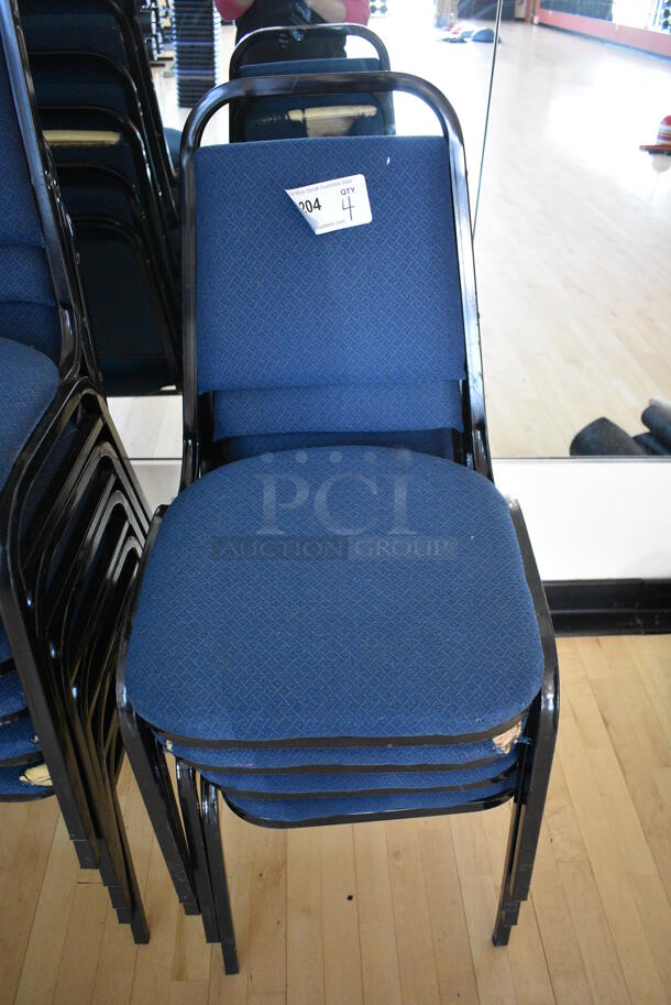 4 Blue Stackable Banquet Chairs on Black Metal Frames. 18x21x32. 4 Times Your Bid! (aerobic room)