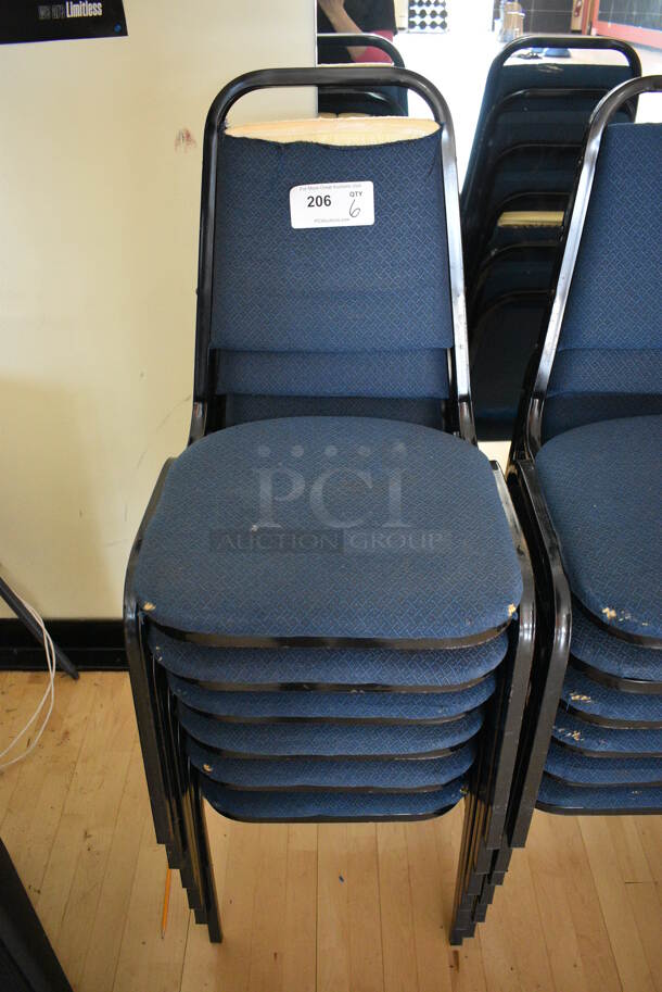6 Blue Stackable Banquet Chairs on Black Metal Frames. 18x21x32. 6 Times Your Bid! (aerobic room)