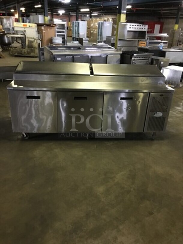 Randell Refrigerated Pizza Prep Table! With 3 Door Storage Underneath! Model 8395N Serial T16614-! 115V 1 Phase! On Commercial Casters!
